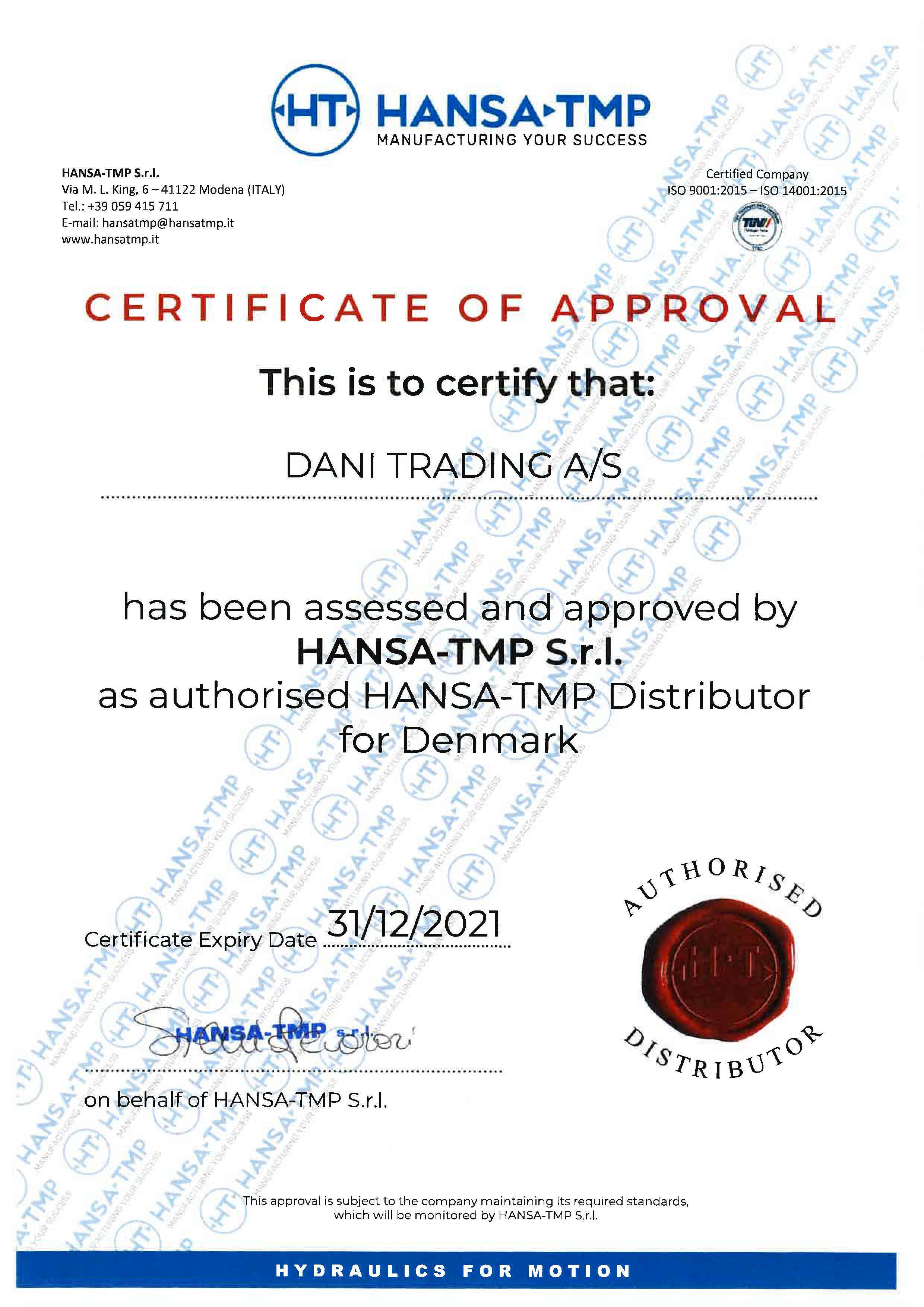 HANSA-TMP - Dani Trading Distributor Certificate - Denmark